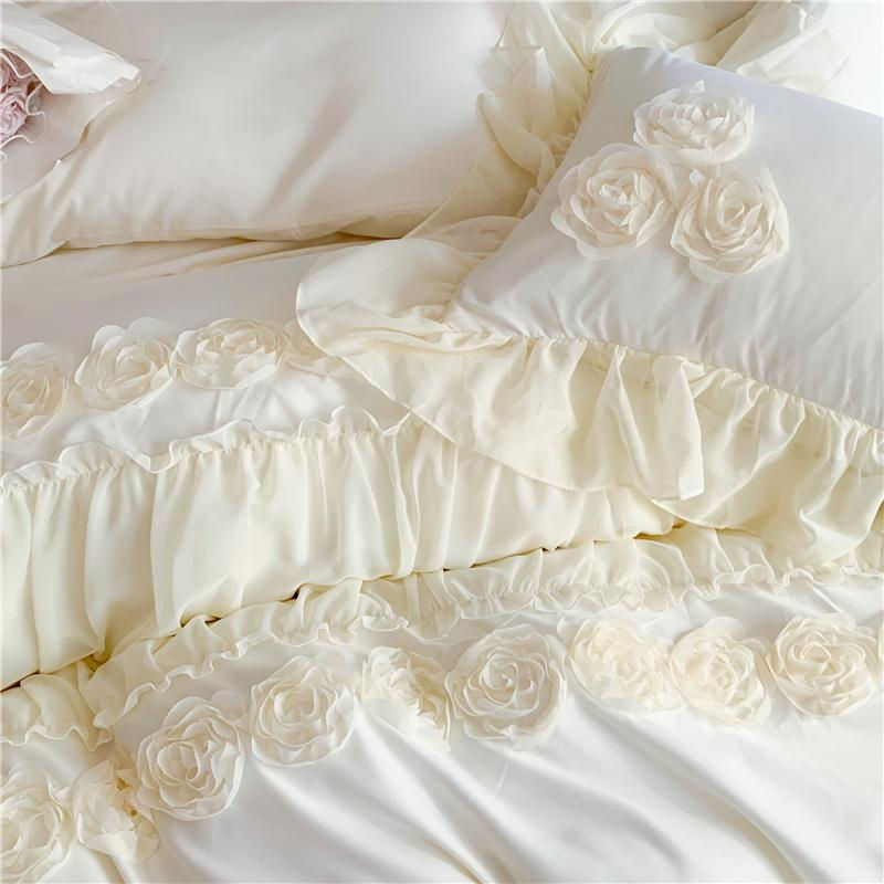 4-teiliges Bettwäscheset Bin Chi Textiles im koreanischen Prinzessinnenstil mit Blumen, Spitze und Rüschen in Grün, B/T/H: 180 x 200 cm - Bild 2