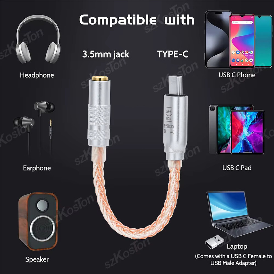 SZKOSTON USB-C auf 3,5mm HiFi DAC Kopfhörerverstärker CX31993 Audio-Decoder IEM AMP Adapter in Silber für Android und iPhone 15 sowie Samsung - Bild 4