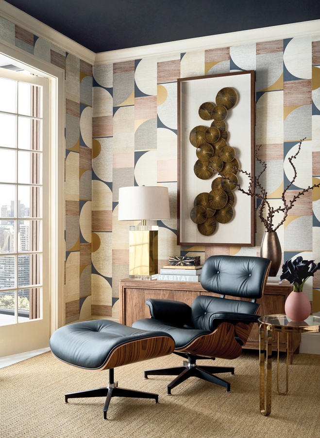 Thibaut Tapete Saturn mit abstraktem geometrischem Retro-Design in Schwarz und Metallic Copper - Bild 1