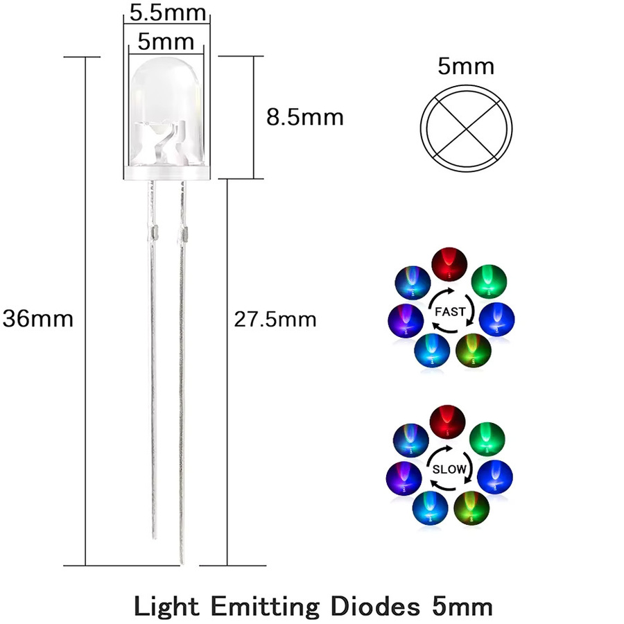 TiaoChongYi RGB-LED-Diode mit 5 mm Durchmesser, mehrfarbig blinkend, klare runde Linse, 2 Pins - Bild 2
