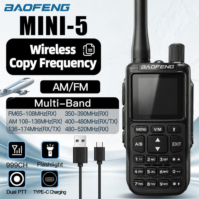 Baofeng MINI-5 Walkie-Talkie Upgrade UV-5R mit Bluetooth-Programmierung, AM/FM Dualband und USB-C Ladegerät, transparent - Bild 1