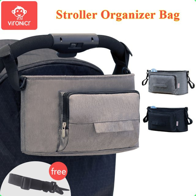 VIRONICR Universal Buggy Organizer für Kinderwagen mit Flaschenhalter und Windeltasche in Schwarz und Grau - Bild 1