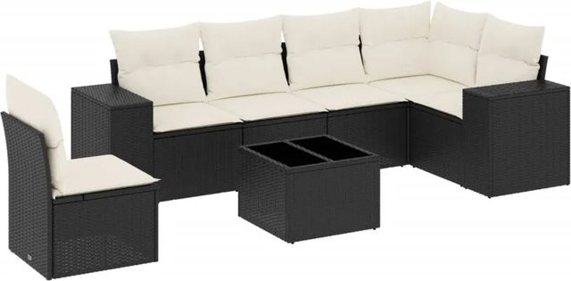vidaXL 7-teilige Garten-Sofagarnitur in L-Form aus schwarzem Poly-Rattan mit Kissen und pulverbeschichtetem Stahlgestell - Bild 1