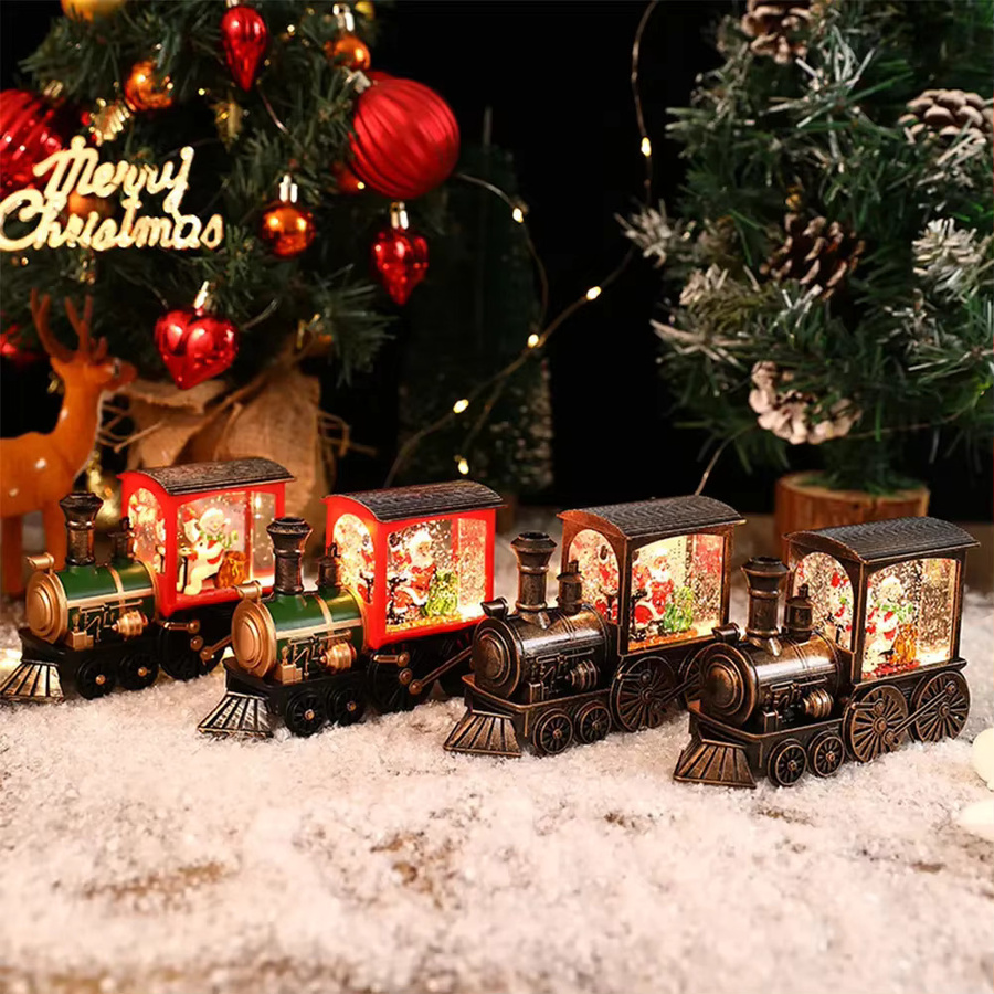 Weihnachts-Spieluhr mit Zug, Santa Claus und Schneemann in Kristallkugel-Optik, bunte Tischdekoration - Bild 2