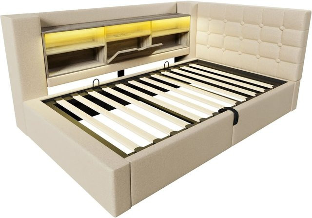 Merax Polsterbett mit LED-Beleuchtung und USB-Ladeport, Beige, B/T/H: 90 x 190 x 108 cm - Bild 1