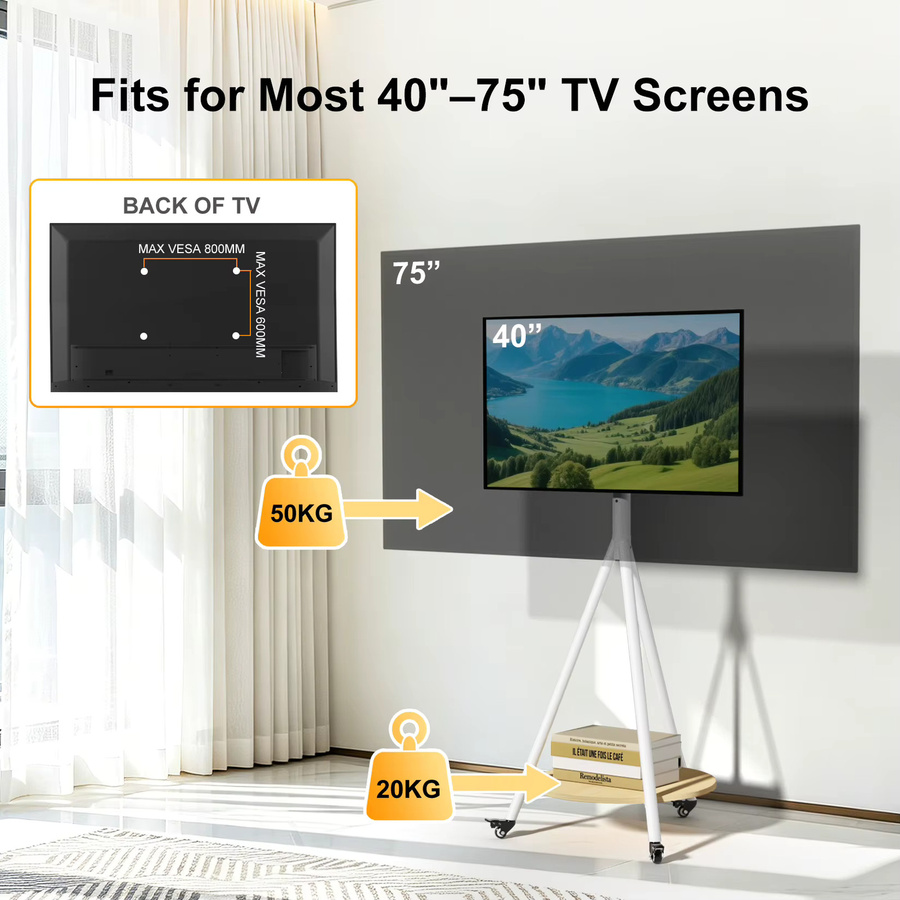 UNHO Eck-TV-Ständer mit Rollen in Weiß, mobiler TV-Wagen für 40-75 Zoll Fernseher bis 50 kg, minimalistisches Design aus Metall für Zuhause, Büro oder Schule - Bild 2