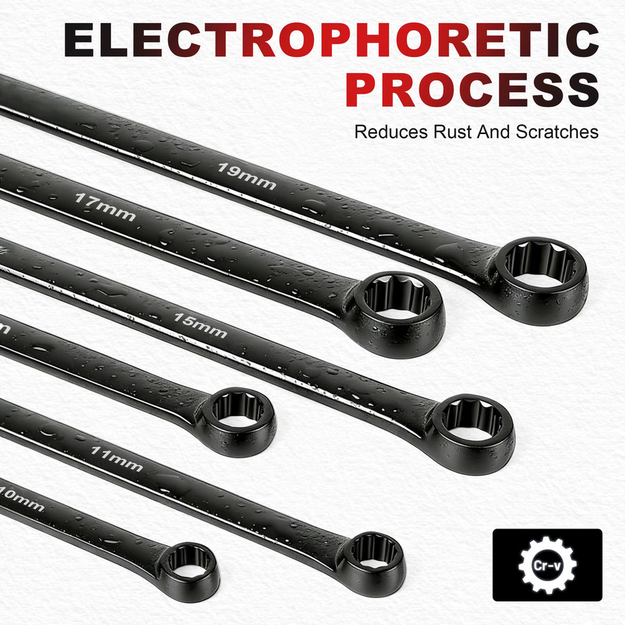 EZARC 6-teiliger extra langer Schraubenschlüsselsatz aus Chrom-Vanadium-Stahl, metrisch 8-19 mm, Schwarz - Bild 2
