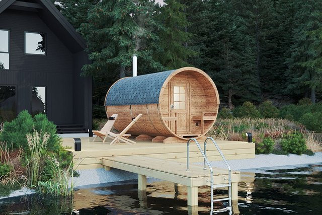 Hansagarten24 Fasssauna mit Terrasse in Braun aus Thermoholz, Fichtenholz oder Erlenholz, B/T: 4 x 2 m - Bild 1
