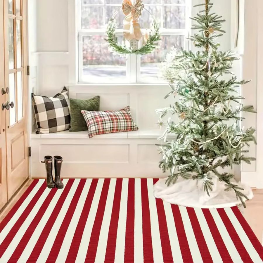 VIKAMA Weihnachts-Außenteppich mit roten und weißen Streifen, rechteckige Willkommens-Fußmatte für die Veranda, B/B/H: 60,0 x 40,0 cm - Bild 5