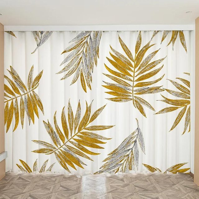 Yiran Furniture Deko Vorhang mit Blattgold-Design und floralem Muster, 2 Paneele, Farbe: Gold/Weiß, B: 55 cm, H: 120 cm - Bild 1