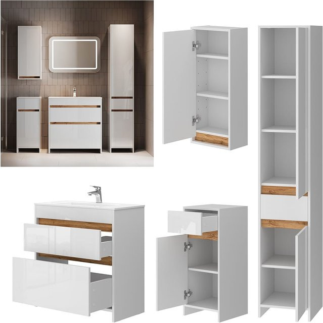 Vicco Badmöbel-Set Detmold 5-teilig in Weiß Hochglanz und Eiche mit Breite: 80 cm - Bild 1