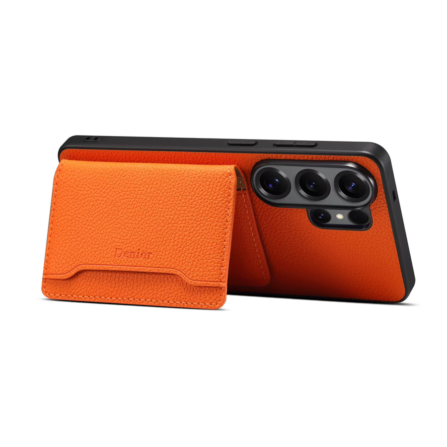 Denior Magnetische Leder Handyhülle mit Litschi-Muster und Kartentasche für Samsung Galaxy S26, S25 und S24, kompatibel mit kabellosem Laden, Schwarz und Orange - Bild 4