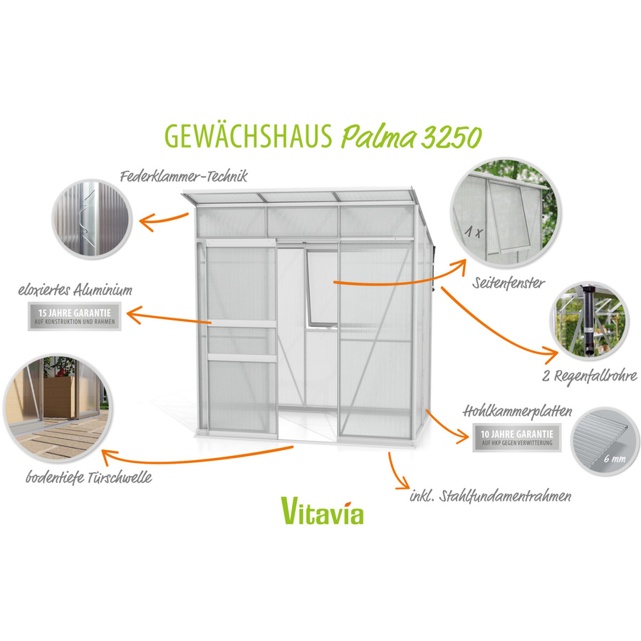 Vitavia Gewächshaus Palma 3250 mit Pultdach und Fundamentrahmen aus Aluminium und Polycarbonat - Bild 4