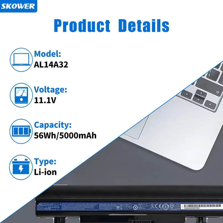 SKOWER AL14A32 Li-Ion Akku 5000mAh in Schwarz für Acer Aspire V3-472 V3-572 E14 E15 Touch E5-421 E5-521 E5-551 E5-572G Extensa 2509 EX2509 - Bild 3