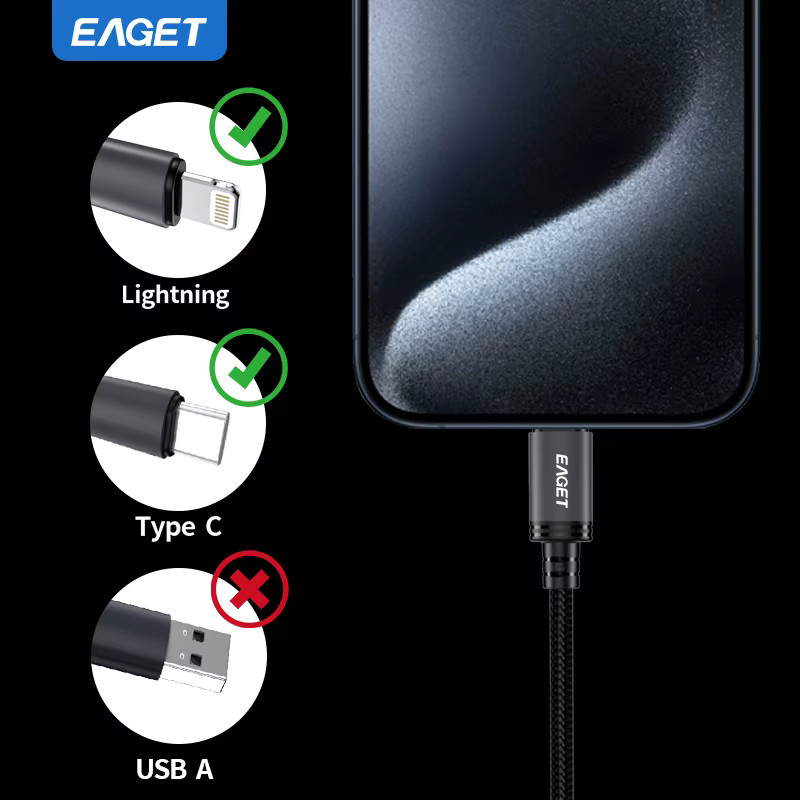 EAGET USB-C zu Lightning 27W Schnellladekabel in Schwarz mit Nylon-Ummantelung und verzinnter Kupferkern für iPhone und iPad - Bild 2