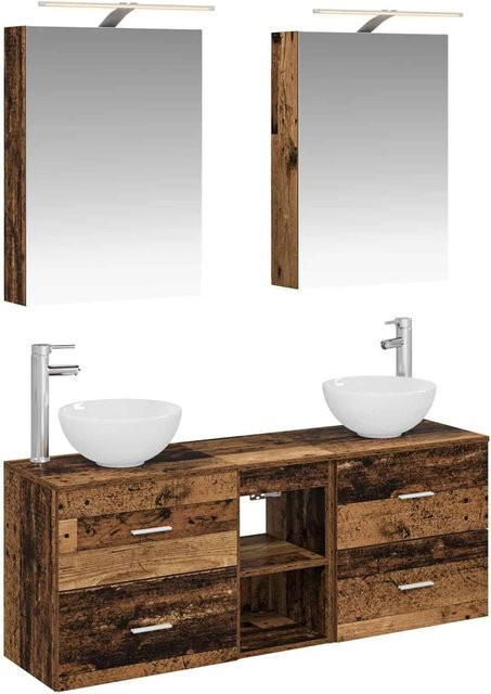 vidaXL Badezimmerschrank-Set aus Altholz in Braun, 5-teiliges modernes Set mit Waschtischunterschrank, Wandunterschrank, Spiegelschrank und LED-Beleuchtung, B/T/H: 50 x 14,5 x 70 cm - Bild 1