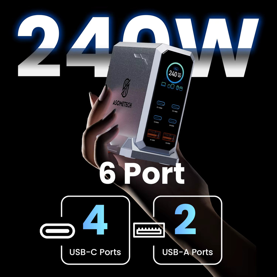 ASOMETECH 240 W Digitales GaN-Ladegerät mit 6 Ports und PD3.1 140 W USB Typ C Desktop-Schnellladestation für iPhone, Samsung, Xiaomi und MacBook Laptops - Bild 4