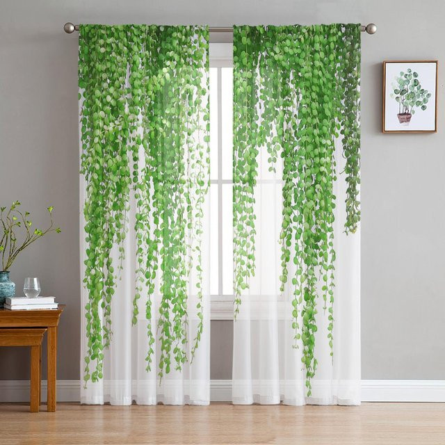 A Family Of Home Textiles Semi-transparenter Tüllvorhang mit Rattanblatt- und Blumenmuster in Grün und Weiß, Breite: 135 cm, Höhe: 137 cm - Bild 1