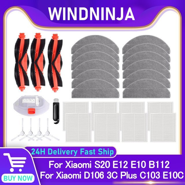 WINDNINJA Ersatzteil-Set für Xiaomi S20 3C Enhanced 3C Plus D106 E10C C103 E12 E10 B112 mit Wischmopp, HEPA-Filter und Hauptbürste - Bild 1