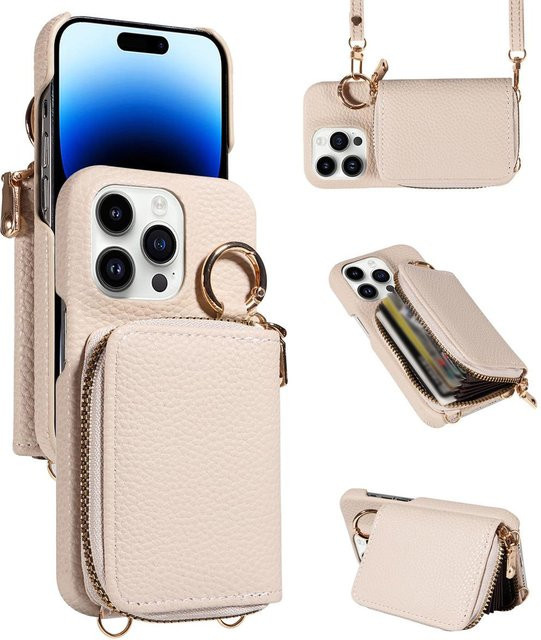 Anti-Entmagnetisierende Handyhülle aus Kunstleder mit Trageband, Reißverschluss und Kartenfach für Samsung Galaxy S25 Ultra, S24, S23, S22, A13, A14 und A22 Serie in Beige - Bild 1