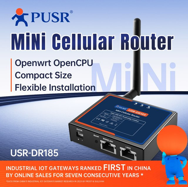 PUSR DR185s-G Industrieller 4G LTE Cat1 Mobilfunkrouter mit OpenWrt, OpenVPN, IPsec und GRE VPN-Protokoll, Schwarz - Bild 1
