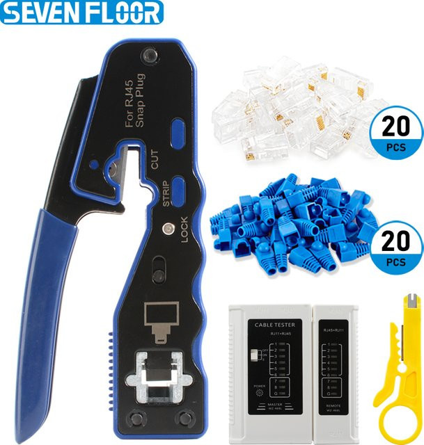 RJ45 Crimp Tool Kit Pass Through Ethernet Crimper und Tester für Cat5e Cat6 Cat6a 8P8C Modularsteckverbinder in Beige von Seven Floor - Bild 1