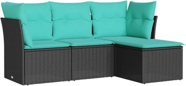 vidaXL 4-teilige Garten-Sofagarnitur in L-Form aus Poly-Rattan mit Kissen in Schwarz und Blau - Bild 1