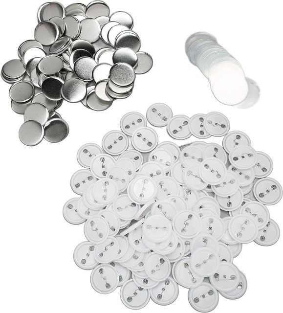 KaiSai 100 Set Anstecknadel-Rohlinge für Button-Herstellung, Weißblech und Kunststoffbasis, Durchmesser: 44 mm, Weiß/Silber - Bild 1
