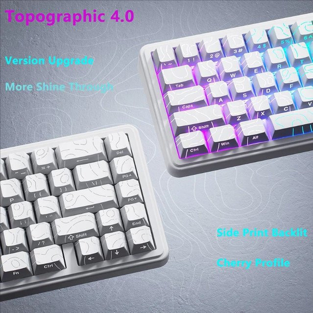 Topografische Tastenkappen 4.0-Version Shine Through für mechanische MX Gamer-Tastaturen, PBT Cherry Profile mit Side Print und Hintergrundbeleuchtung, Schwarz/Weiß - Bild 1