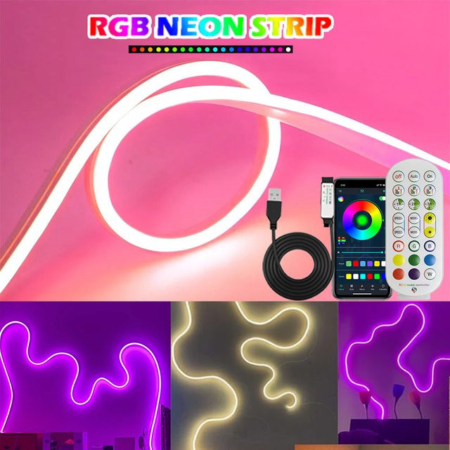 Acosh Neon Flex RGB LED-Lichtstreifen mit Bluetooth Smart-Steuerung und Fernbedienung, USB 5V, Multicolour, 5m - Bild 1