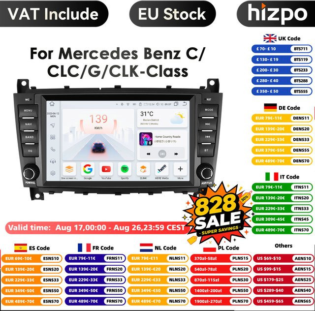 Hizpo 8 Zoll Android Auto Multimedia Player für Mercedes Benz C-Klasse W203 C180 C200 mit GPS, Carplay und 4G, Schwarz - Bild 1