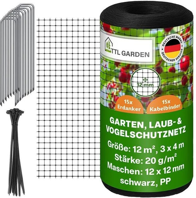 TTL GARDEN Vogelschutznetz Schwarz, B: 4 m, B: 3 m, Maschenweite: 12 x 12 mm, 20 g/m² mit 15 Erdankern - Bild 1