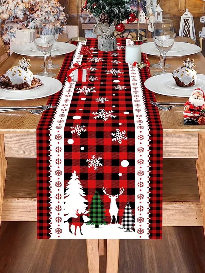 JIT Plaid Weihnachts-Tischläufer mit Schneeflocken- und Hirschmuster für deine festliche Esstisch-Dekoration - Bild 3
