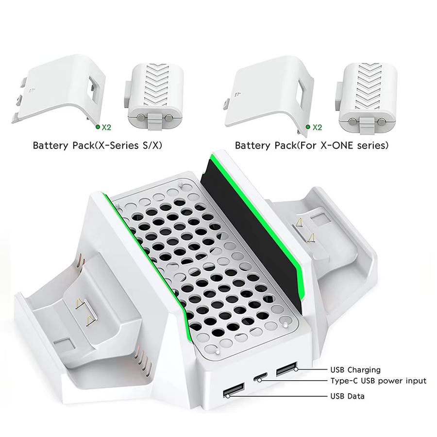 Kühlständer für Xbox Series S mit Dual-Lüftern, Dual-Controller-Ladestation mit LED-Anzeige und zwei 800 mAh Akkus in Weiß - Bild 2