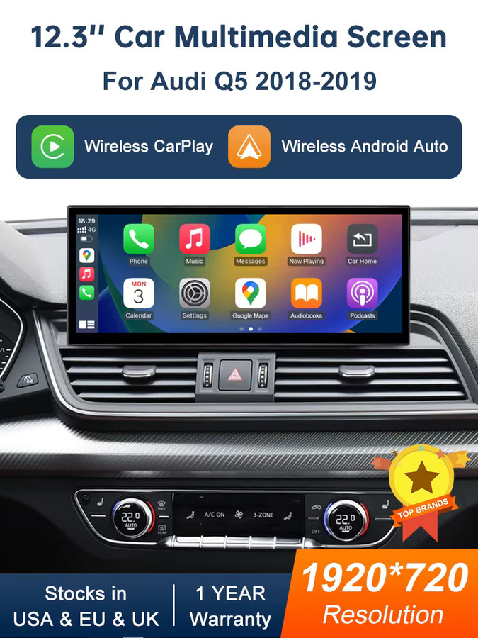Road Top 12,3 Zoll Multimedia-Display-Touchscreen für Audi Q5 MIB 2018-2019 mit Wireless Carplay, Android Auto, Airplay und Miracast in Schwarz - Bild 6