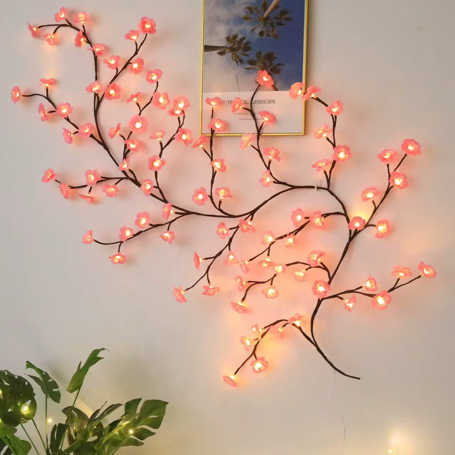 Narrandes Kirschblüten-Lichterkette mit 8 Modi, künstliche Blumenranken in Pink mit warmweißem Licht, USB-Betrieb - Bild 1