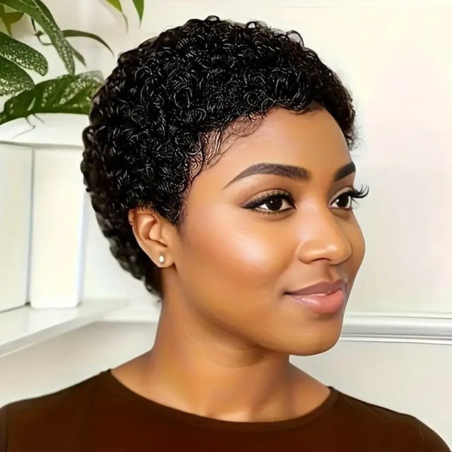 IQearl Pixie-Cut Lockenperücke aus Echthaar, Schwarz, Damen - Bild 1