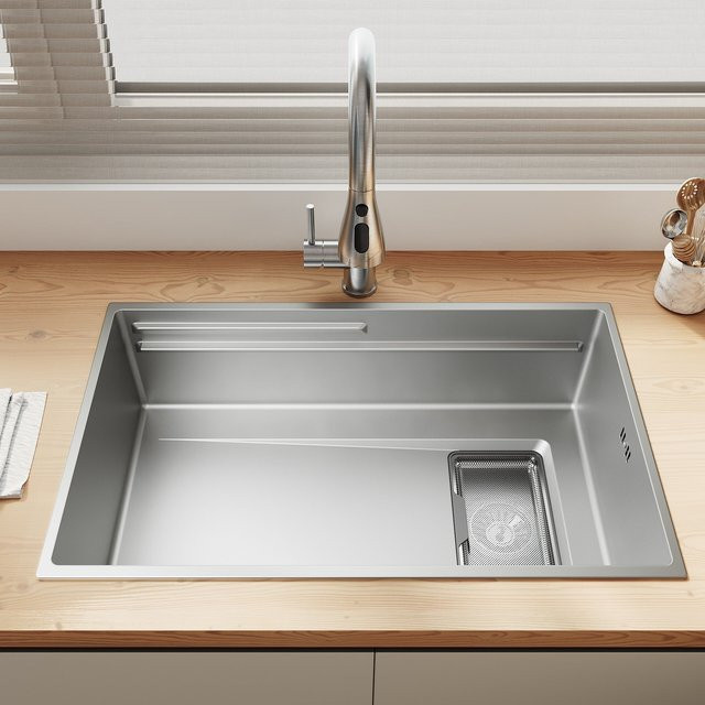 SONNI Küchenspüle aus Edelstahl 304 in Diamantschwarz, Einbauspüle mit 1 Becken, Wasserhahn und Abtropfkorb, B/T: 70 x 44 cm - Bild 1