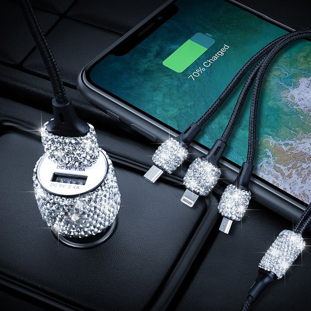 Bling USB Auto Ladegerät mit Dual Port und Schnellladefunktion in Rosa mit Diamant-Dekor - Bild 1