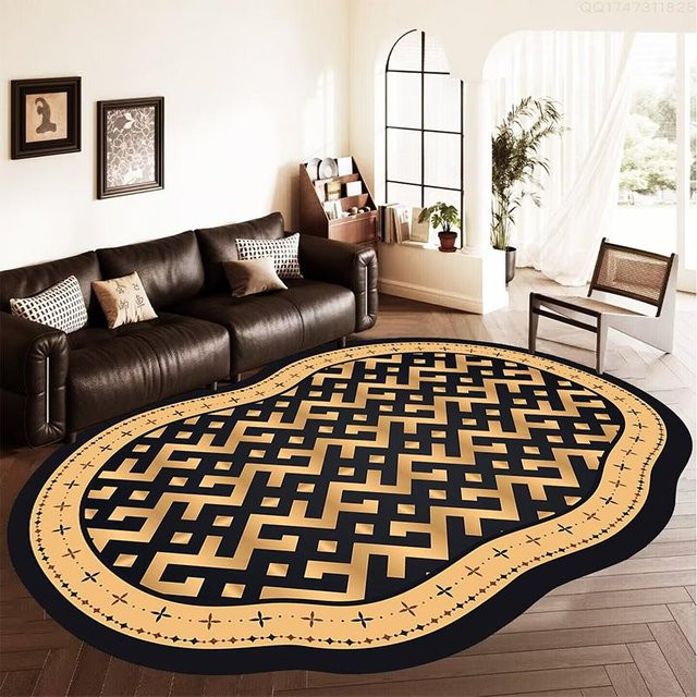 Ovaler Teppich von JGJG in Schwarz und Gold, moderner geometrischer Design-Flächenteppich aus Polyester, rutschfest und waschbar, B/T: 90 x 60 cm - Bild 1