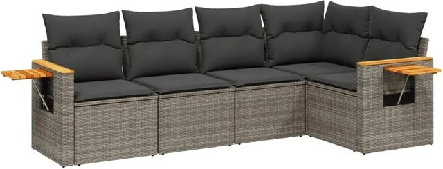 vidaXL 5-tlg Garten-Sofagarnitur in L-Form aus Poly-Rattan und Akazienholz in Grau mit Kissen und Stauraum - Bild 1