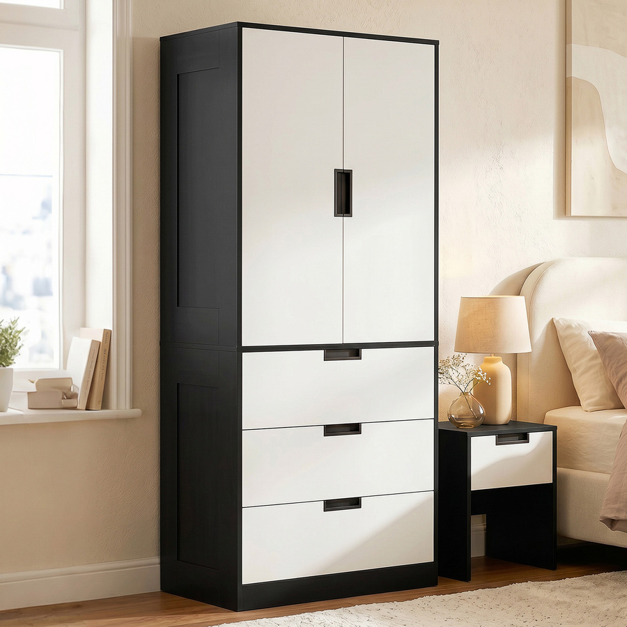 HOMCOM Schlafzimmerkleiderschrank 2-türig mit Soft-Close und 3 Schubladen, moderner Garderobenschrank mit Kleiderstange, Weiß und Schwarz, B/T/H: 80 x 50 x 180 cm - Bild 2