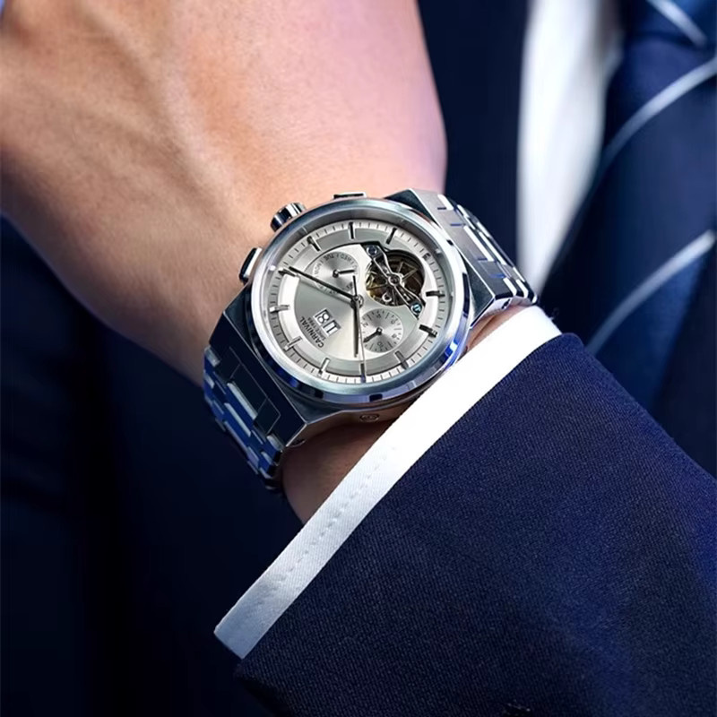 KARNEVAL Armbanduhr Automatik, Edelstahl, Silber, Leder, Herren - Bild 2