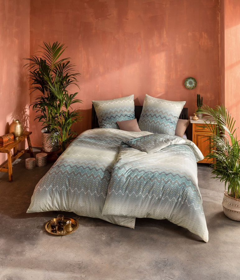 Estella Mako Jersey Bettwäsche Luna grün grau Zickzack mit Bettbezug und Kissenbezug, B/T/H: 155 x 220 cm und 80 x 80 cm - Bild 1