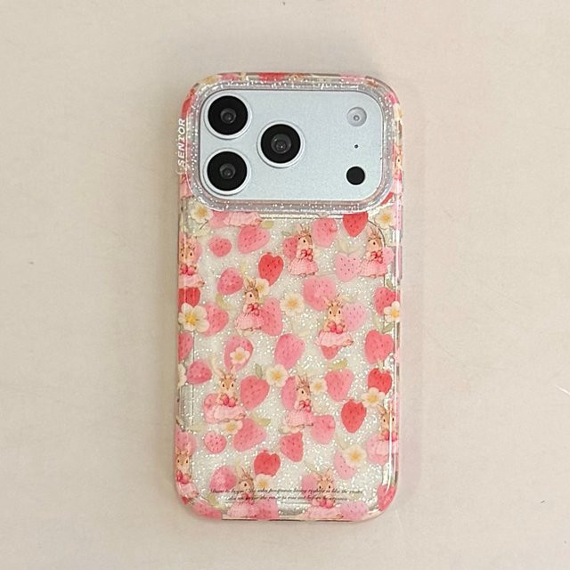 TROPLET Transparente Handyhülle mit Erdbeer- und Häschen-Design sowie Perlenbesatz und Lanyard für iPhone 17 16 15 14 13 12 11 Pro Max Plus, Mehrfarbig - Bild 1