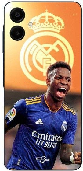 Maniacase Silikon Handyhülle für Samsung Galaxy A06 in Schwarz mit Real Madrid Wallpaper - Bild 1