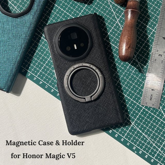 Premium Lederhülle mit magnetischer Halterung und Scharnierschutz für Honor Magic V5 in Schwarz oder Blau - Bild 1