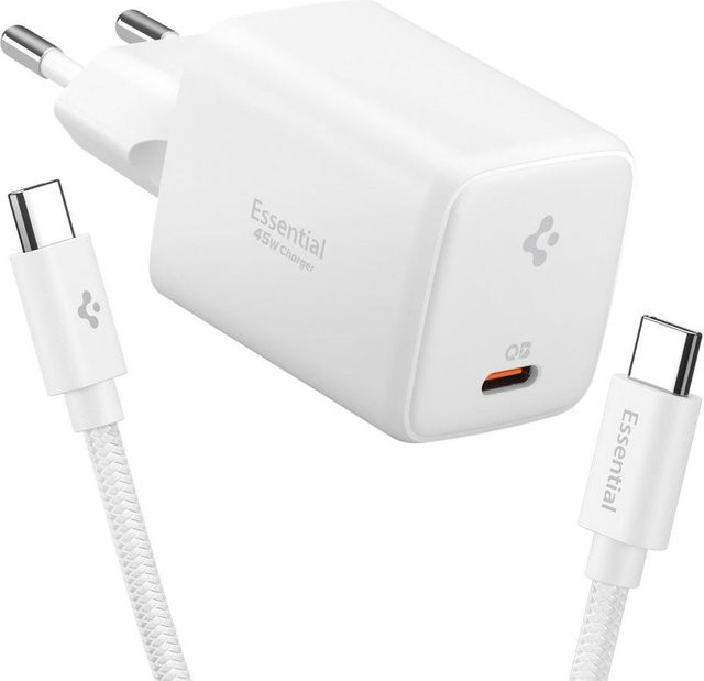 Spigen Essential Netzladegerät EE451EU mit USB-C Kabel, 45W, 3A, 1 x USB-C, Weiß - Bild 1
