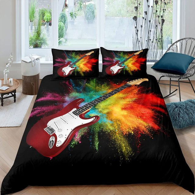 Gitarren-Bettwäsche-Set mit Musik-Motiv aus Mikrofaser in Grau und Schwarz, B/H: 135 x 200 cm - Bild 1