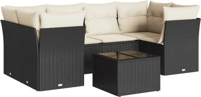 vidaXL 7-teilige Garten-Sofagarnitur in L-Form aus Poly-Rattan und pulverbeschichtetem Stahl in Schwarz mit Kissen und Stauraum - Bild 1